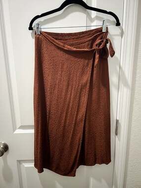 Kirious Los Angeles Rust Leopard Satin Jacquard Faux Wrap Midi Skirt